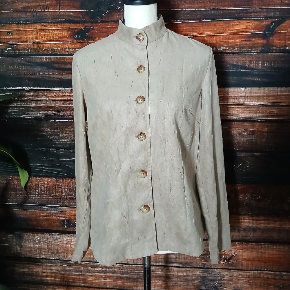 Orvis Jacket Blouse Top 6 Textured Crepe Beige Button Front Faux Suede
